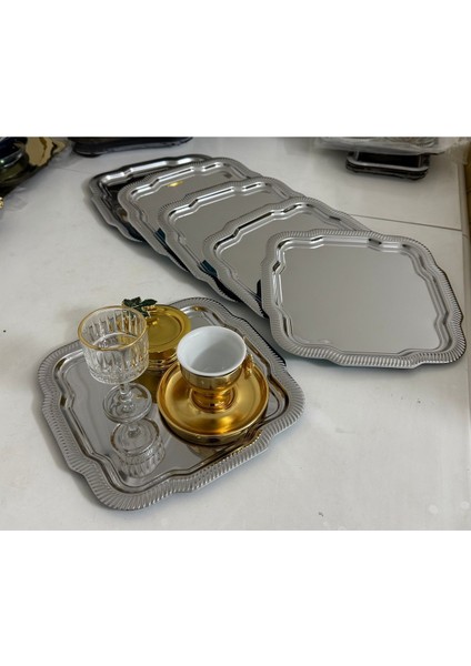 Paslanmaz Çelik 6'lı Papatya Desenli Kare Servis Tepsisi