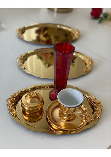 20X25 cm Altın Oval 3'lü Kulplu Servis ve Sunum Tepsisi, Şık ve Kullanışlı Tasarım