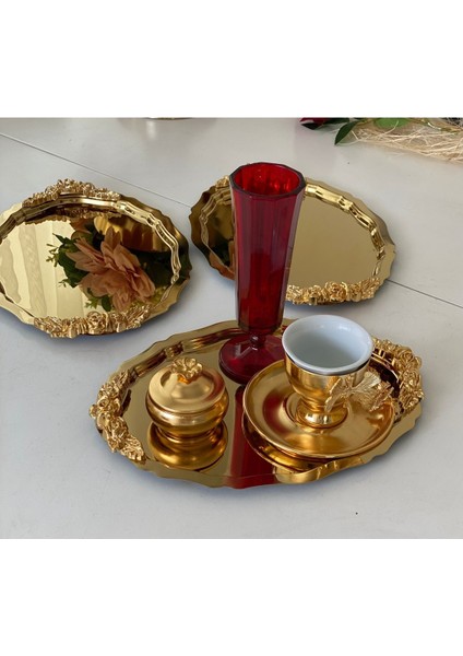 20X25 cm Altın Oval 3'lü Kulplu Servis ve Sunum Tepsisi, Şık ve Kullanışlı Tasarım modelleri