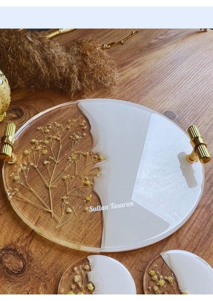 Beyaz 24 cm Çift Kişilik Doğal Kurutulmuş Çiçekli Epoksi Tepsi