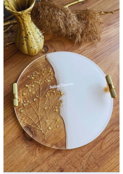 Beyaz 24 cm Çift Kişilik Doğal Kurutulmuş Çiçekli Epoksi Tepsi fiyatları