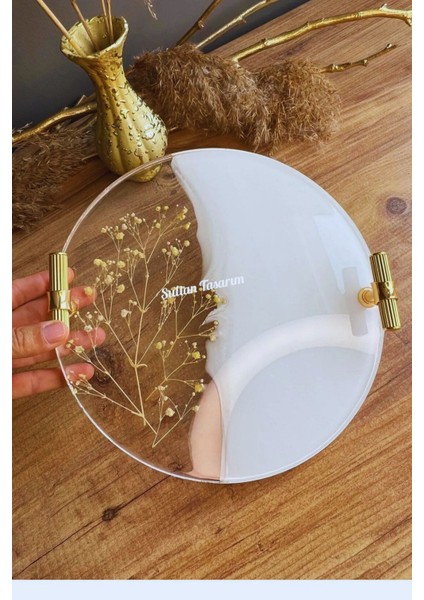 Beyaz 24 cm Çift Kişilik Doğal Kurutulmuş Çiçekli Epoksi Tepsi modelleri