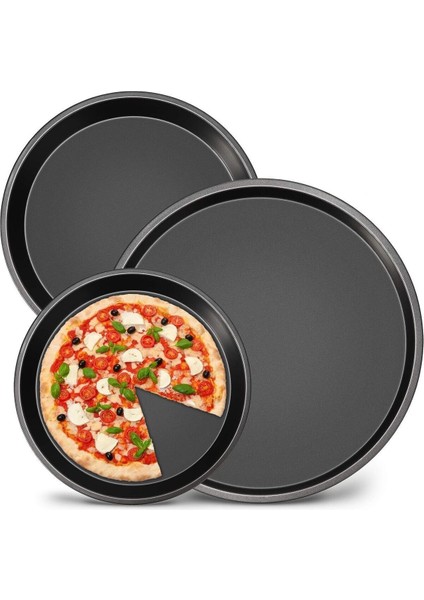 3'lü Emaye Yuvarlak Pizza Fırın Tepsi Seti, Siyah, 32-34-36 cm