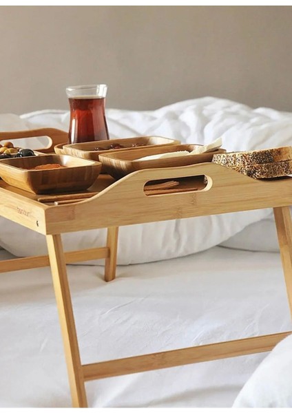 Beyaz Mermer Desenli Katlanır Ayaklı Bambu Yatak Keyif Tepsisi