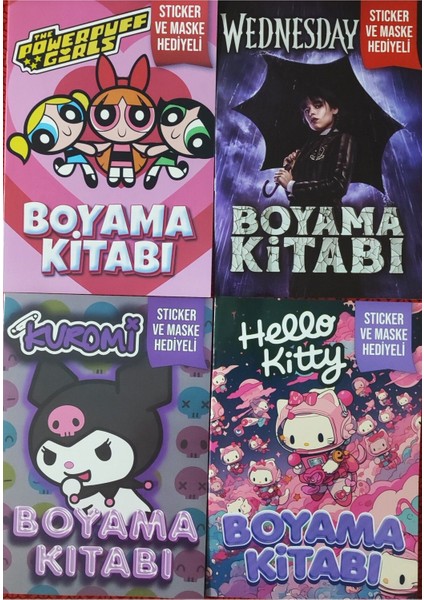 4 Adet Stickerli Boyama Kitabı (Kuromi-C/wednesday-B/hello Kitty-B/powergirls)