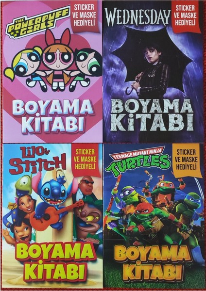 4 Adet Stickerli Boyama Kitabı (Ninja Kaplumbağalar/wednesday-B/stitch-B/powergirls)