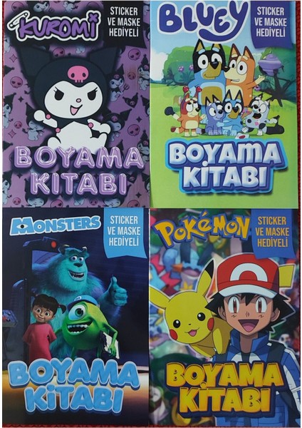4 Adet Stickerli Boyama Kitabı (Kuromi-D/bluey-B/pocemon-B/monsters)