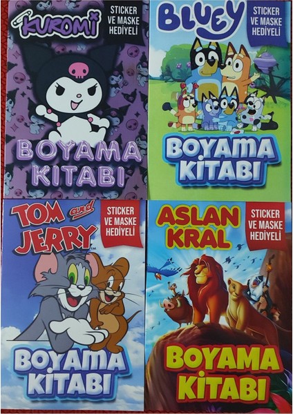 4 Adet Stickerli Boyama Kitabı (Kuromi-D/bluey-B/tom ve Jerry/aslan Kral)
