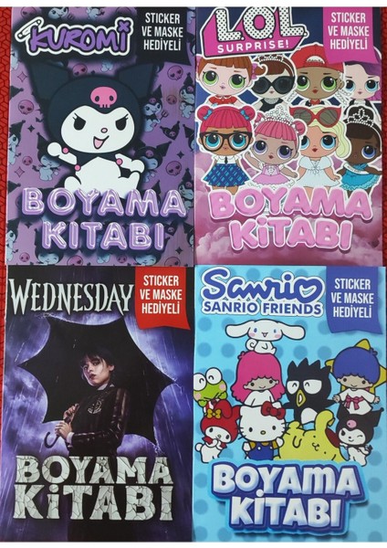 4 Adet Stickerli Boyama Kitabı (Kuromi-C/lol/sanrio-B/wednesday-B)