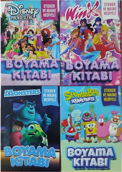 4 Adet Stickerli Boyama Kitabı (Prensesler/winx/sünger Bob/monsters)