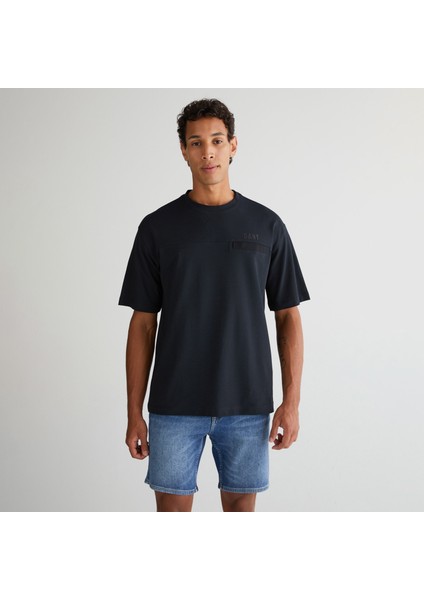 Erkek Siyah Relaxed Fit Bisiklet Yaka Logolu T-Shirt