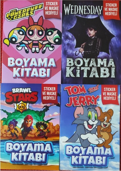 4 Adet Stickerli Boyama Kitabı (Tom ve Jerry/wednesday-B/brawlstars-B/powergirls)