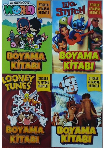 4 Adet Stickerli Boyama Kitabı (Tocaboca-B-B/stitch-B/looney Tunes/buz Devri)