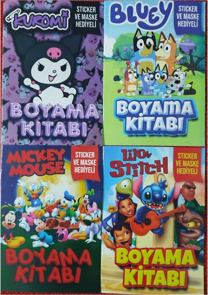 4 Adet Stickerli Boyama Kitabı (Kuromi-D/bluey-B/stitch-B/mickey Mouse)