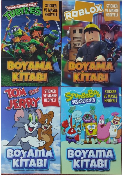 4 Adet Stickerli Boyama Kitabı (Roblox-B/ninja Kaplumbağalar/sünger Bob/tom ve Jerry)