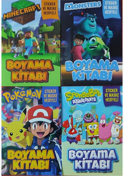 4 Adet Stickerli Boyama Kitabı (Minecraft-B/monsters/süngerbob/pocemon-B)