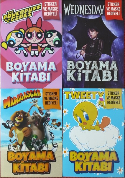 4 Adet Stickerli Boyama Kitabı (Tweety/wednesday-B/madagascar/powergirls)