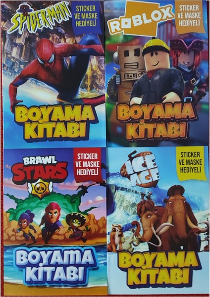 4 Adet Stickerli Boyama Kitabı (Brawlstars-B/buz Devri/örümcek A. -B/roblox-B)
