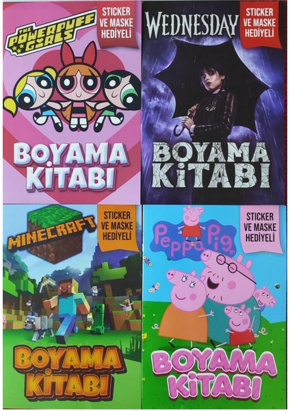 4 Adet Stickerli Boyama Kitabı (Peppapig/wednesday-B/minecraft-B/powergirls)