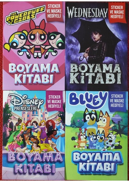 4 Adet Stickerli Boyama Kitabı (Bluey-B/wednesday-B/disney Prensesler/powergirls)