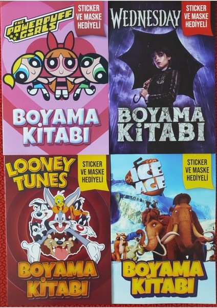 4 Adet Stickerli Boyama Kitabı (Buz Devri/wednesday-B/looney Tunes/powergirls)