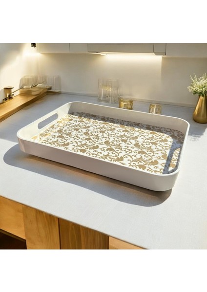 Altın Desenli, 30X40 cm Melamin Dikdörtgen Sunum Tepsisi, Şık ve Dayanıklı