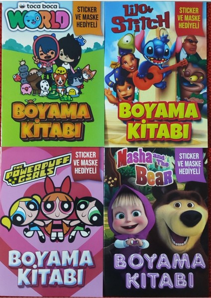 4 Adet Stickerli Boyama Kitabı (Tocaboca-B-B/stitch-B/masha ve Kocaayı/powergirls)
