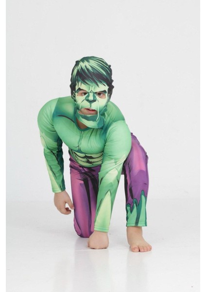 Yeşil Hulk Kaslı Çocuk Kostümü, Eğlenceli ve Rahat Çizgi Karakter Kıyafeti