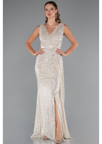 Kolsuz Kruvaze Yaka Uzun Pullu Abiye ABU3201