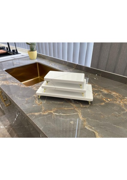 Altın Renkli Metal Profil Ayaklı 3'lü Kuvars Sunum Seti