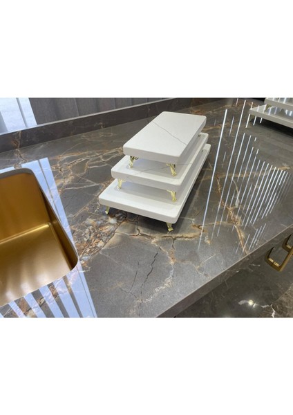 Altın Renkli Metal Profil Ayaklı 3'lü Kuvars Sunum Seti fiyatları