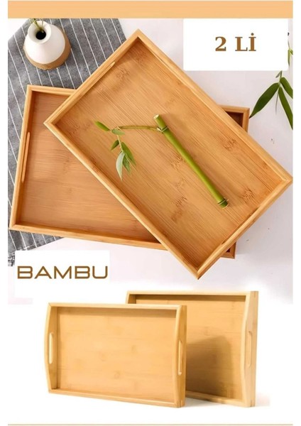 Bambu Çay Tepsisi 2'li Kulplu Dikdörtgen Büyük ve Orta Boy Kahverengi fırsatları