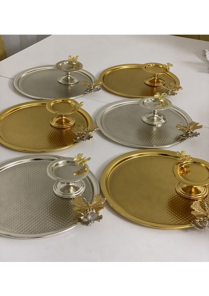 Renkli Yuvarlak Tepsi ve Makaronluk Seti, Gold ve Gümüş Renkli, 2'li Paket