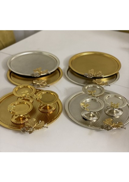 Renkli Yuvarlak Tepsi ve Makaronluk Seti, Gold ve Gümüş Renkli, 2'li Paket modelleri