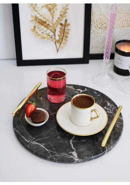 Siyah Doğal Mermer Yuvarlak Tepsi, 28 Cm, Altın Kulp, Özel Günler Için Ideal.