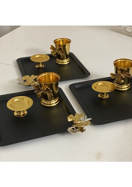 Çok Renkli 3'lü Set Siyah Kare Sunum Tepsisi, Gold Makarna ve Kelebekli Gül Kovası
