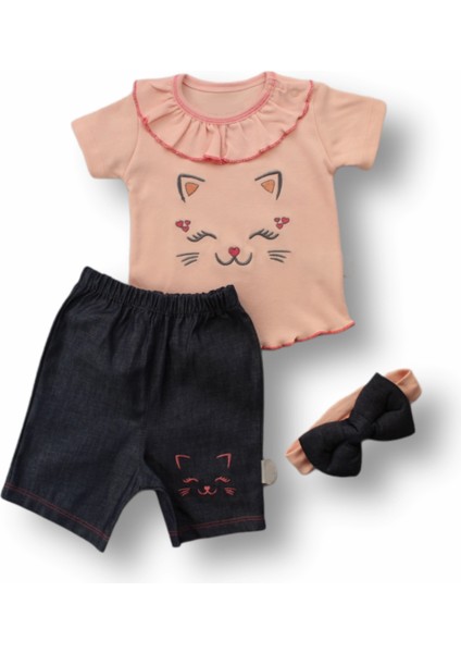 6-9 9-12 12-18 Ay Vip Kedi Baskılı Bandanalı Kısa Kollu Sweat 3lü Kız Bebek Takımı Pudra