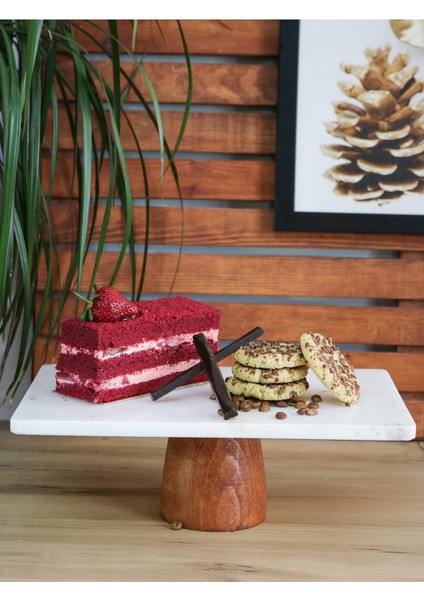 Doğal Mermer Kek ve Peynir Sunum Seti, Ahşap Ayaklı, Beyaz Renk