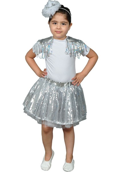Kız Çocuklar Için Şık Gümüş Etek Takımı, Dans Kostümü, Beyaz Renk