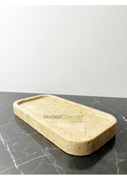 Bej Traverten Oval Tepsi ve Sunum Tabağı Seti, Şık ve Doğal Görünümlü.