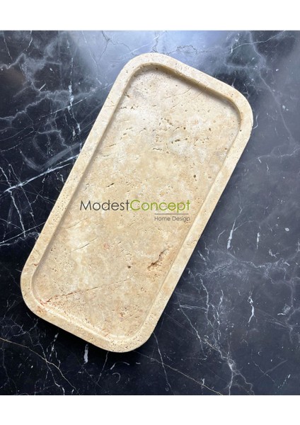 Bej Traverten Oval Tepsi ve Sunum Tabağı Seti, Şık ve Doğal Görünümlü.