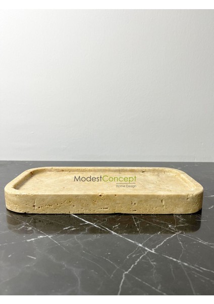 Bej Traverten Oval Tepsi ve Sunum Tabağı Seti, Şık ve Doğal Görünümlü.