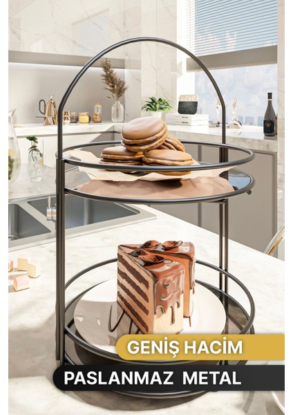 2 Katlı Siyah Büyük Mutfak Organizeri, Pasta ve Sunum Standı, 40CM modelleri