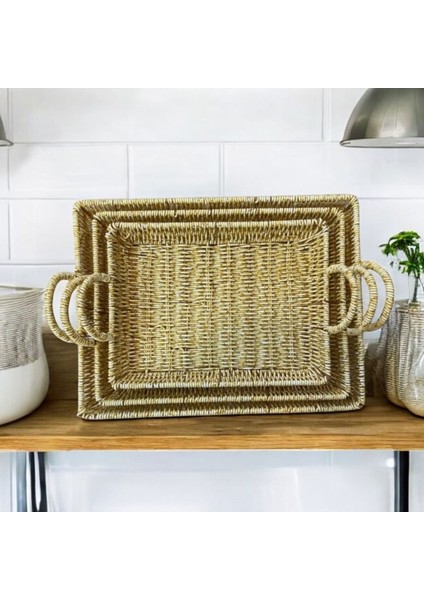 Lacivert 3'lü Örme Rattan Kulplu Dikdörtgen Sunum Tepsisi