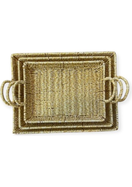 Lacivert 3'lü Örme Rattan Kulplu Dikdörtgen Sunum Tepsisi fiyatları