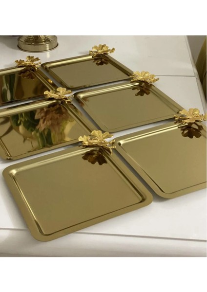 Altıli Lüx Kare Gold Kelebekli Titanyum Kaplama Çay ve Kahve Sunum Tepsisi