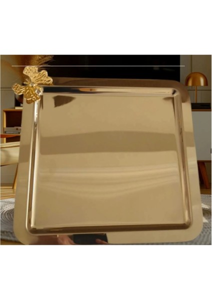 Altıli Lüx Kare Gold Kelebekli Titanyum Kaplama Çay ve Kahve Sunum Tepsisi fiyatları
