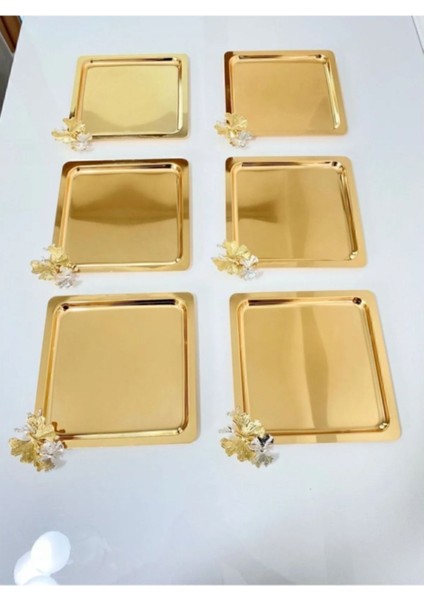 Altıli Lüx Kare Gold Kelebekli Titanyum Kaplama Çay ve Kahve Sunum Tepsisi modelleri