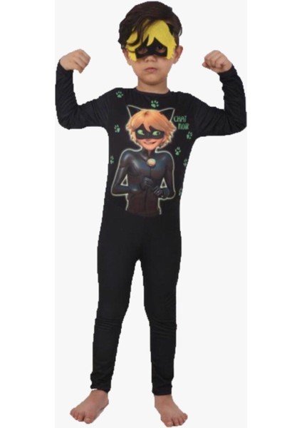 Uniseks Süper Karakterli Kuyruklu Maskeli Siyah Kedi Kostüm, Eğlenceye Hazır!