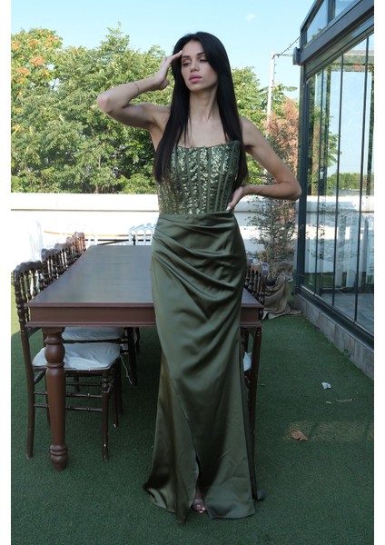 Haki Göğüs Pul ve Taşlı Saten Abiye 9705294.23 fiyatları